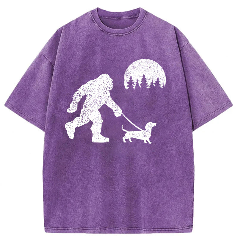 Funny Dachshund Walking Bigfoot Washed Unisex Tee
