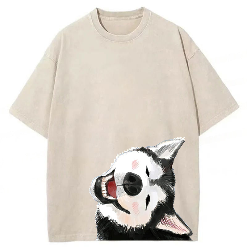 Funny Husky Drawing Washed Unisex Tee