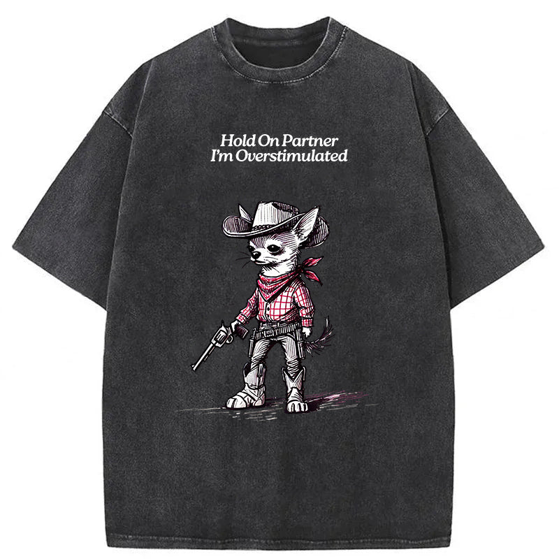 Hold On Partner I'm Overstimulated Washed Unisex Tee